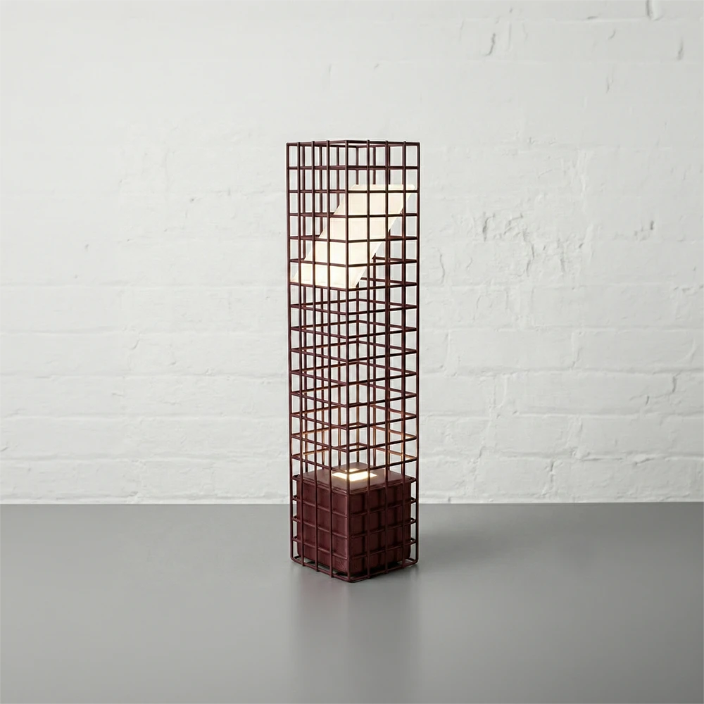 Three-quarter view of the maroon Ami Desk Lamp by Garnier Pingree, highlighting its slender metal grid structure and angled glowing panel.