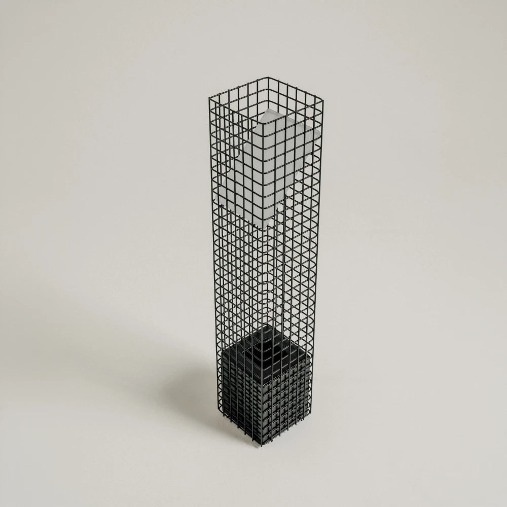 Elevated view of the unlit Ami Table Lamp by Garnier Pingree, revealing its open square grid, angled white panel and black base.