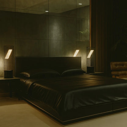 Two illuminated Ami Table Lamps by Garnier Pingree flanking a dark bed, with their warm light reflected in the mirrored wall behind.