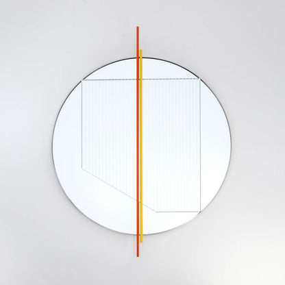 Front view of the small Claude Mirror by Garnier Pingree, showing red-orange and yellow vertical rods and an angular ribbed glass overlay.
