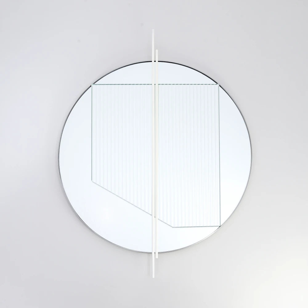 Front view of the small Claude Mirror by Garnier Pingree, with white rods extending beyond its circular outline and ribbed glass overlay.