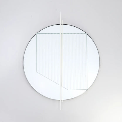 Front view of the small Claude Mirror by Garnier Pingree, with white rods extending beyond its circular outline and ribbed glass overlay.