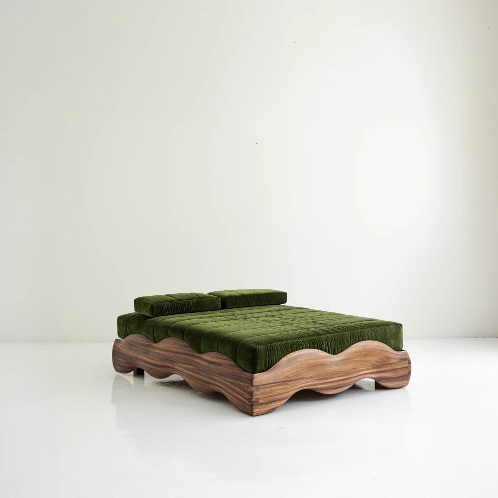 Lola Bed in parota wood with green upholstery by Joyful Objects, three-quarter view