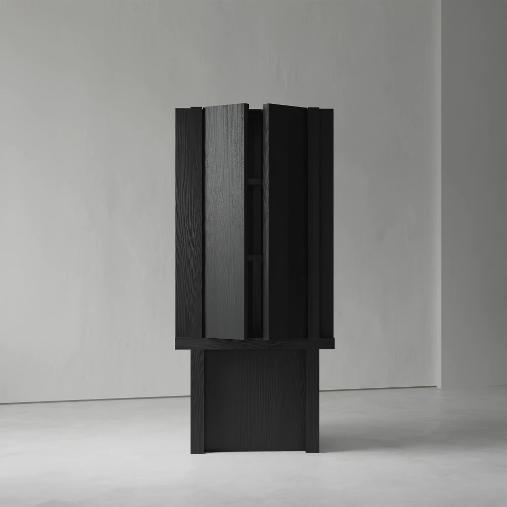 Isolated front view of the Itooraba Cabinet by Sizar Alexis, featuring partially opened doors, vertical panels and an architectural pedestal base.