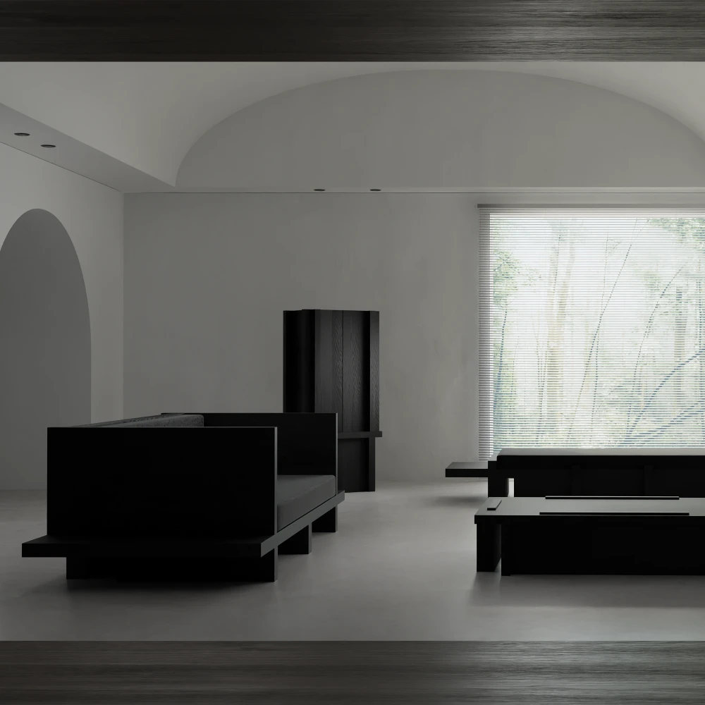 Itooraba Coffee Table by Sizar Alexis positioned within a monochromatic interior alongside matching seating, daybed and cabinet.