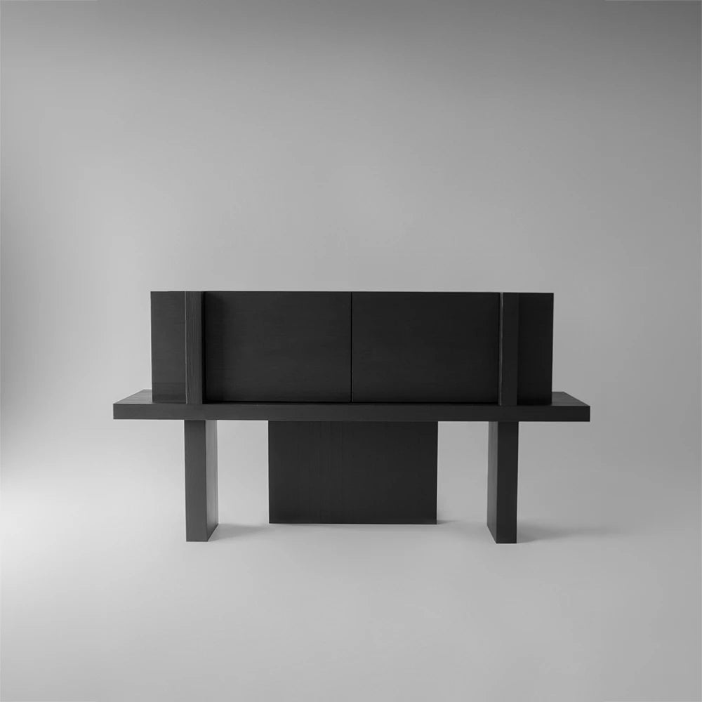 Front view of the Itooraba Sideboard Black by Sizar Alexis, featuring closed doors and an architectural solid pine frame.