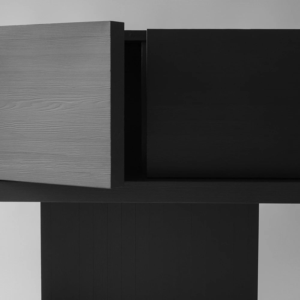 Detailed front view of the Itooraba Sideboard Black by Sizar Alexis, highlighting the door alignment, wood grain and central base.