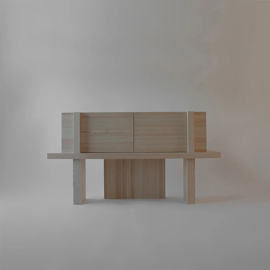 Front view of the Itooraba Sideboard Natural by Sizar Alexis, featuring closed doors and an architectural solid Swedish pine frame.
