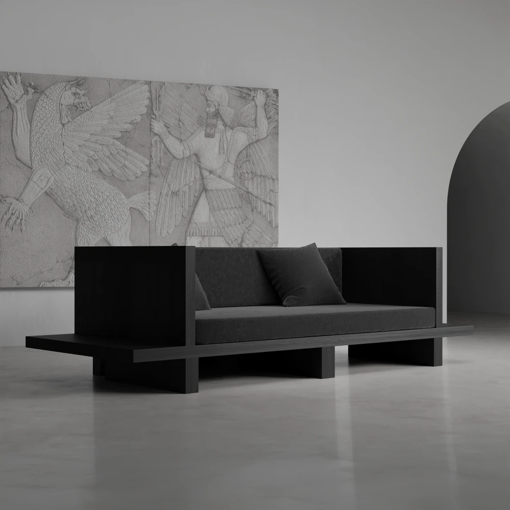 Itooraba Sofa by Sizar Alexis with dark cushions, highlighting its geometric black pine structure and low architectural silhouette.