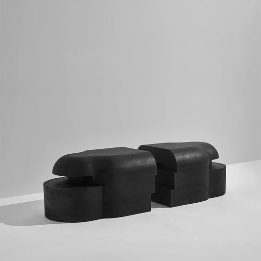Lahmu Large Console Black by Sizar Alexis separated into two sculptural modules, showing the stepped construction and curved side sections.