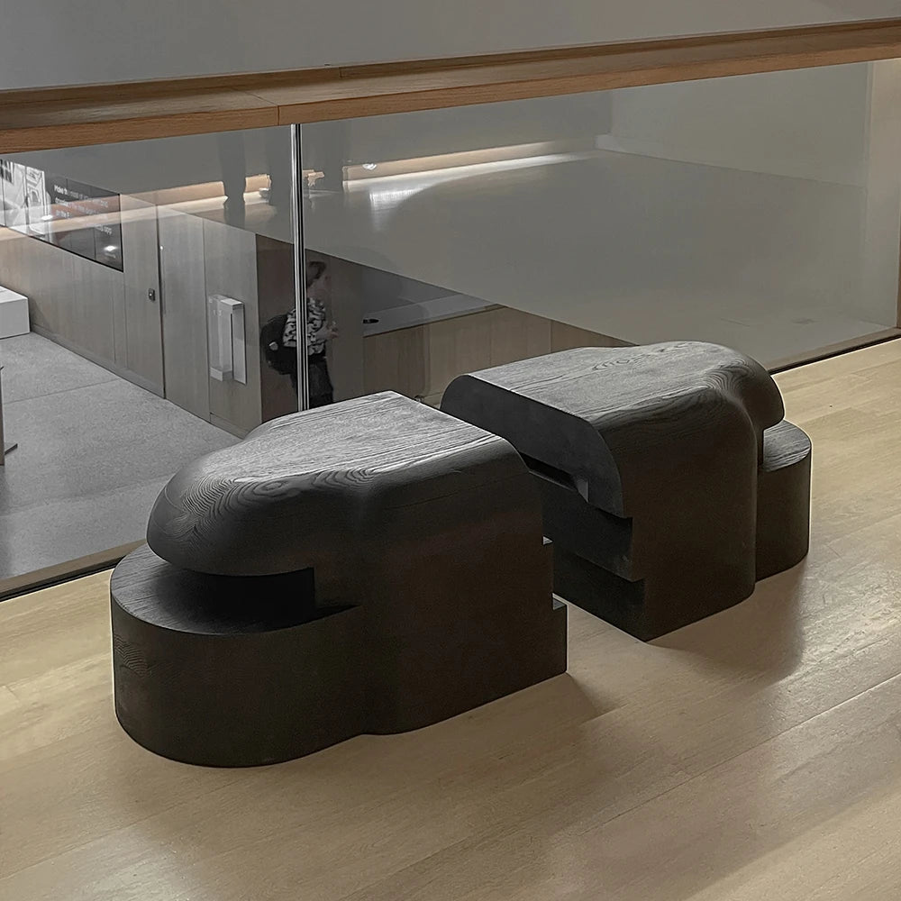 Lahmu Large Console Black by Sizar Alexis displayed as two separate modules in a contemporary gallery interior.v