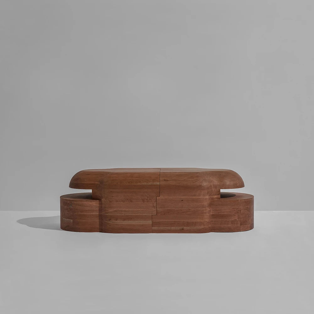 Front view of the Lahmu Large Console Natural by Sizar Alexis, featuring rounded solid wood volumes and layered geometric sections.