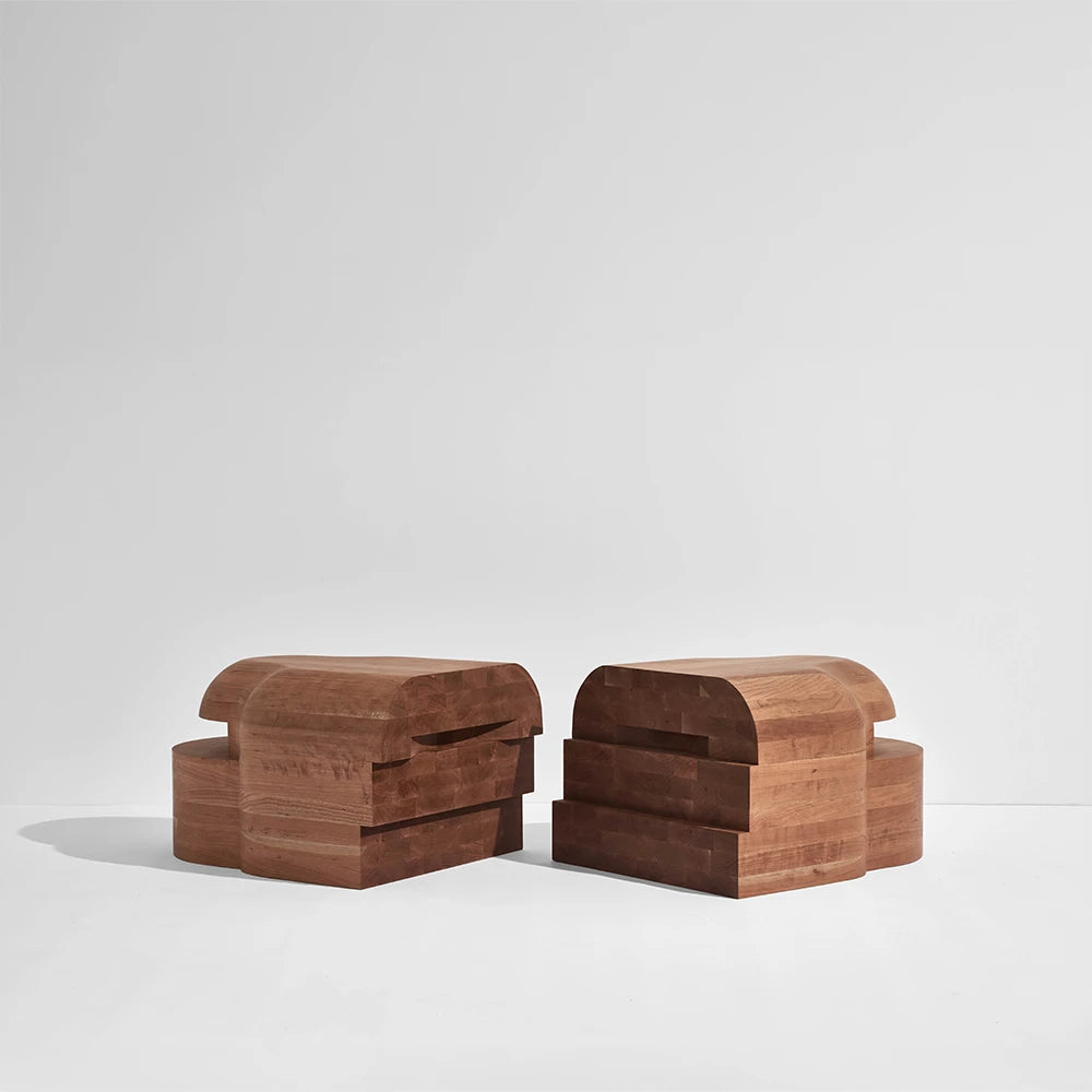 Lahmu Large Console Natural by Sizar Alexis separated into two sculptural modules, revealing its stepped construction and curved profiles.