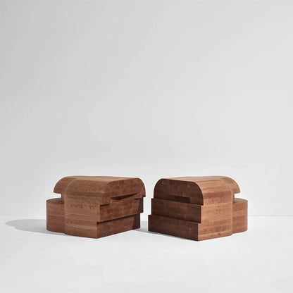 Lahmu Large Console Natural by Sizar Alexis separated into two sculptural modules, revealing its stepped construction and curved profiles.