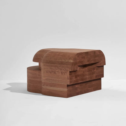 Opposite module of the Lahmu Large Console Natural by Sizar Alexis, featuring carved openings, layered blocks and a curved outer profile.