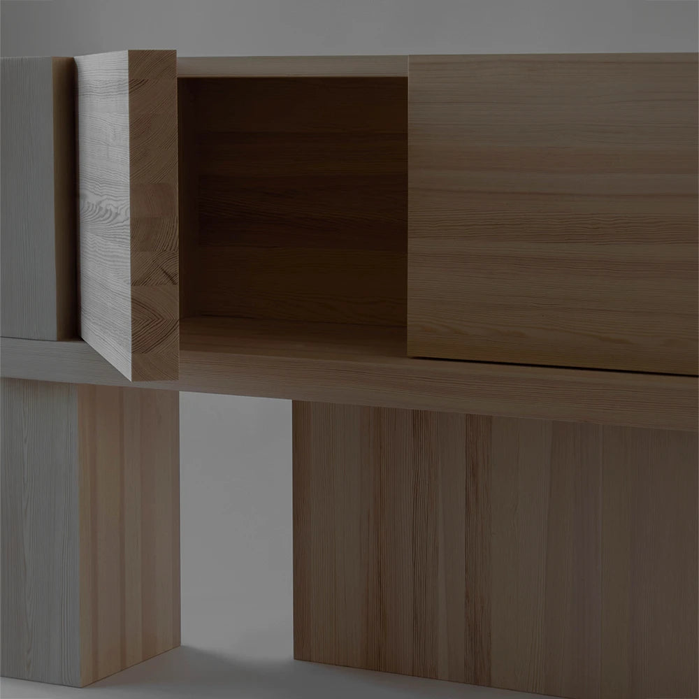 Detailed front view of the Itooraba Sideboard Natural by Sizar Alexis, showing one open door, central storage and visible pine grain.