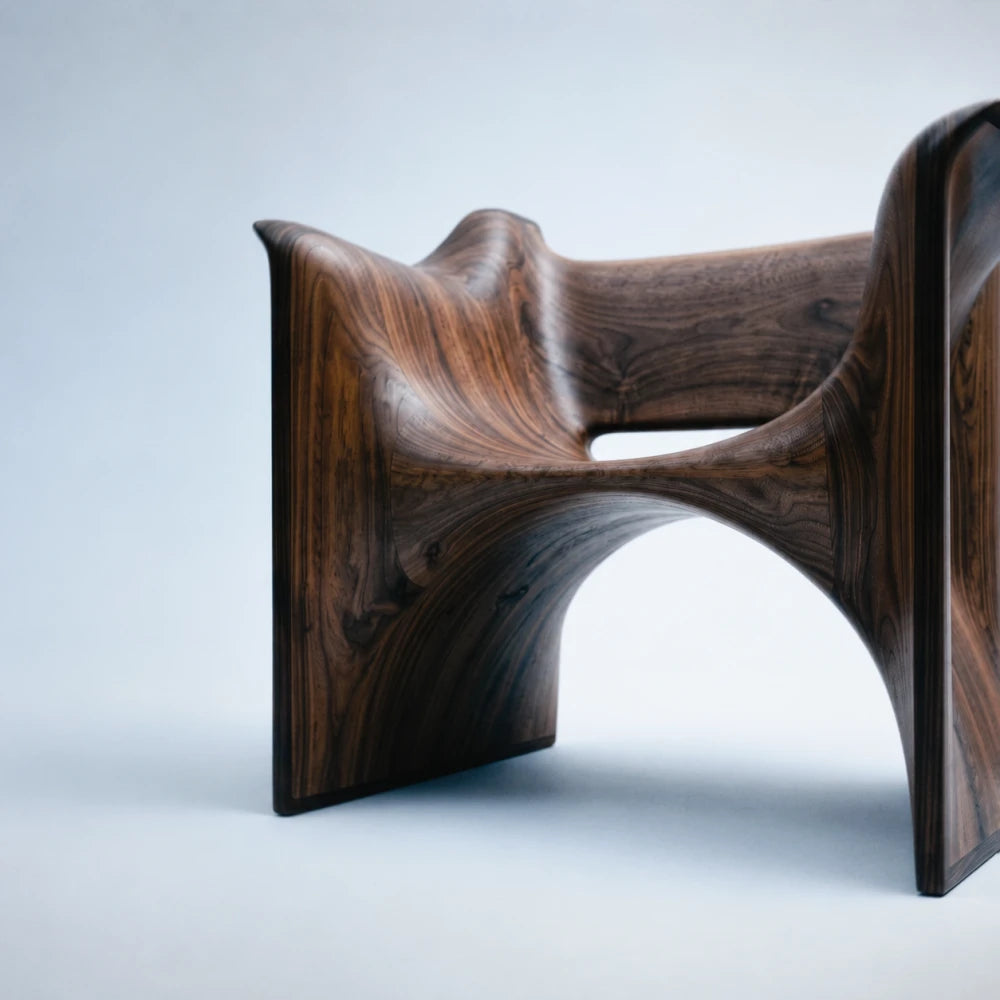 Close-up of the Deus Walnut Chair by Studio Romell, showing the carved seat, arched base and smooth transitions across the walnut structure.